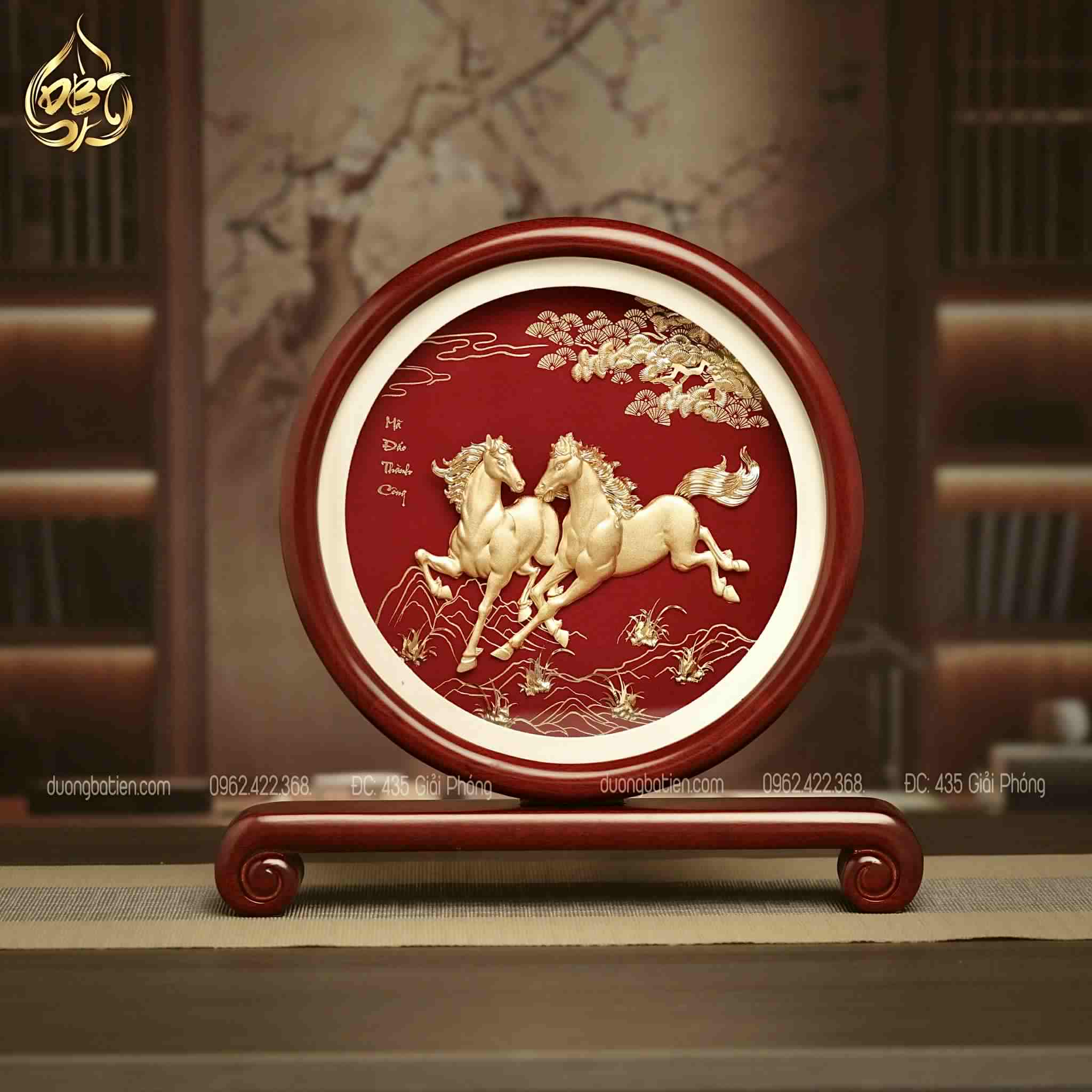 Tranh Đĩa Song Mã Dát Vàng 24K - Quà Tặng Xu Hướng